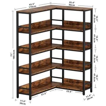 IRONCK Industrial Bookshelves 5 Tiers Corner Bookcases with Baffles Etagere Shelf Storage Rack with Metal Frame for Living Room Home Office