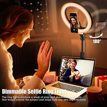 Selfie Ring Light with Stand and Phone Holder, 10'' Dimmable Desktop LED Circle for Laptop,Computer, Lighting Kit Gifts Live Streaming/Laptop Video Conference/Chat/Makeup/YouTube/Tiktok/Vlog