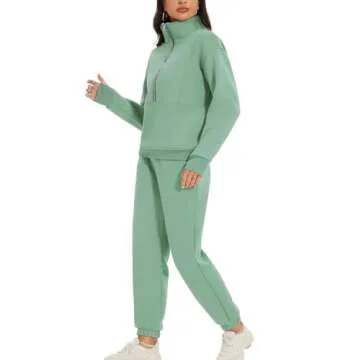 PEHMEA Women's 2 Piece Sweatsuit Outfit, Fleece Long Sleeve Half Zip Pullover Winter Comfy Lounge Sets for Women(Green-XL)