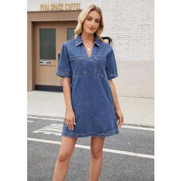 EZAPINE Women Denim Dress Summer Deep V Neck Casual Shift Mini Jean Dress