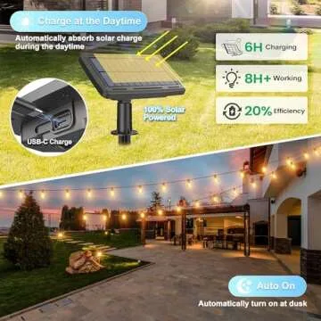Quntis 56FT Solar String Lights for Outside, USB C & Solar Powered Outdoor Lights with Remote, Waterproof & 4 Light Modes Hanging Solar Lights with 25+2 Shatterproof LED Bulbs for Backyard Patio