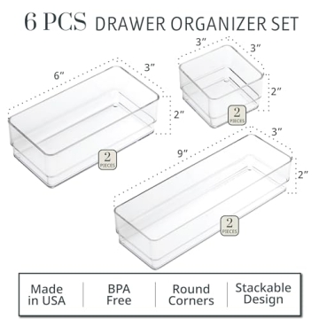 STORi SimpleSort Drawer Organizer Bins 6 pc Set, Multi-size, Bathroom Organizers and Storage, Makeup Organizer, Desk Organizer, Vanity Organizer, Clear Organizing Containers, Made in USA