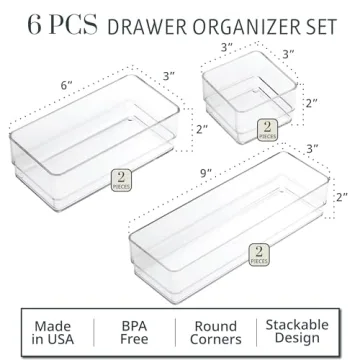 STORi SimpleSort Drawer Organizer Bins 6 pc Set, Multi-size, Bathroom Organizers and Storage, Makeup Organizer, Desk Organizer, Vanity Organizer, Clear Organizing Containers, Made in USA