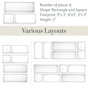 STORi SimpleSort Drawer Organizer Bins 6 pc Set, Multi-size, Bathroom Organizers and Storage, Makeup Organizer, Desk Organizer, Vanity Organizer, Clear Organizing Containers, Made in USA