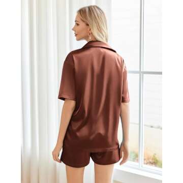 Ekouaer Pajamas for Women Silk Soft Sleepwear Short Sleeve Button Down Pjs Satin Top and Shorts 2 Piece Lounge Set,Brown,M