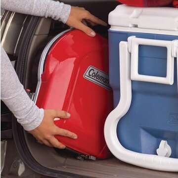 Coleman Fold N Go 1-Burner Propane Grill, Lightweight & Portable Grill with Instastart Push-Button Ignition, Adjustable Horseshoe Burner, Built-In Handle, & 6,000 BTUs of Power