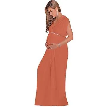 KOH KOH Womens Long Grecian Short Sleeve Maternity Baby Shower Pregnancy Pregnant Bridesmaid Summer Stretchy Flowy Cute Dressy Gown Gowns Maxi Dress Dresses, Coral/Pink Peach L 12-14