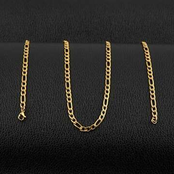 HZMAN Men Women 24k Real Gold Plated Figaro Chain Stainless Steel Necklace, Wide 3mm 5mm 7mm 9mm