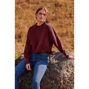 PRETTYGARDEN Women's Fall Cropped Striped Sweaters Casual Long Sleeve Crewneck Pullover Oversized Winter Tops Jumper (Solid Wine Red,Large)