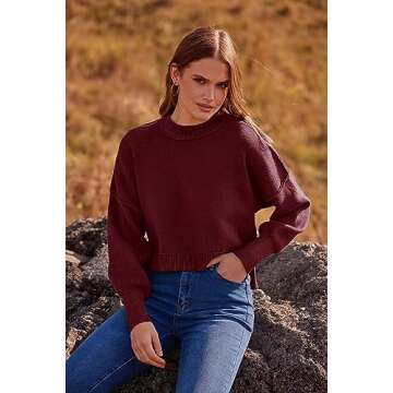 PRETTYGARDEN Women's Fall Cropped Striped Sweaters Casual Long Sleeve Crewneck Pullover Oversized Winter Tops Jumper (Solid Wine Red,Large)