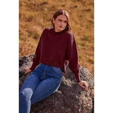 PRETTYGARDEN Women's Fall Cropped Striped Sweaters Casual Long Sleeve Crewneck Pullover Oversized Winter Tops Jumper (Solid Wine Red,Large)