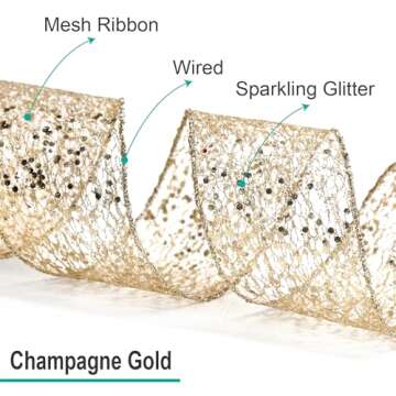 CT CRAFT LLC Sparkling Glitter Mesh Wired Ribbon 2.5" x 10 Yards Champagne Gold for Christmas Home D...