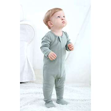 O2Baby Baby Boys Girls Organic Cotton Zip Front Sleeper Pajamas, Footed Sleep 'n Play（Newborn, Green）