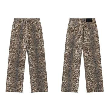 CUTEGAL Leopard Jeans Y2k Aesthetic Baggy Cargo Pants High Waisted Cheetah Print Jeans for Women (C,XS,X-Small)
