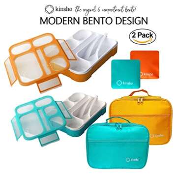 kinsho Bento Box with Lunch Bag and Ice Pack Set | Two Boxes, Bags, Cold Packs for Kids Adults | Val...