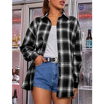 Bozanly Flannel Buffalo Plaid Shirts for Women Oversized Button Down Shacket Blouse Tops(0001-Black-...