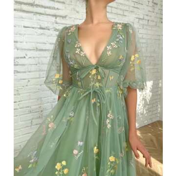 Xijun Puffy Sleeve Prom Dresses 2023 for Women Flower Embroidery Tulle V Neck Half Sleeve Formal Evening Party Gowns with Tea Length US2