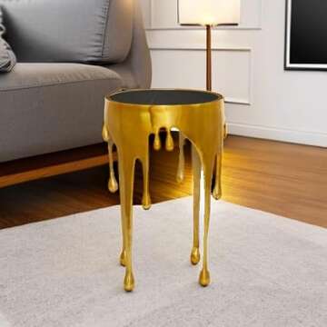 Deco 79 Aluminum Metal Side End Accent Table Drip End Table with Melting Design and Shaded Glass Top, Side Table 16" x 16" x 25", Gold