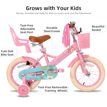 JOYSTAR 14 Inch Kids Bike Little Daisy Girls Bike with Training Wheels Doll Bike Seat Basket & Streamers Princess Kids Bicycle for Girls Toddler Bike 3-5 Years Pink