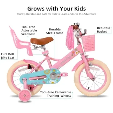 JOYSTAR 14 Inch Kids Bike Little Daisy Girls Bike with Training Wheels Doll Bike Seat Basket & Streamers Princess Kids Bicycle for Girls Toddler Bike 3-5 Years Pink