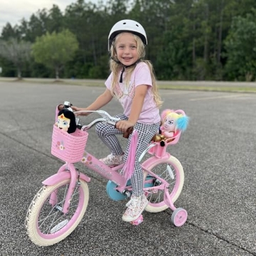 JOYSTAR 14 Inch Kids Bike Little Daisy Girls Bike with Training Wheels Doll Bike Seat Basket & Streamers Princess Kids Bicycle for Girls Toddler Bike 3-5 Years Pink