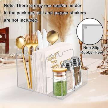 Napkin Holder with Salt and Pepper Shaker Caddy, Acrylic Napkin Holder For Table,Versatile Use For Home Dining,Hosting,Wedding Reception,Party,Patio,Deck,Restaurant,Cafe Bar Decor, Easy To Clean,Clear