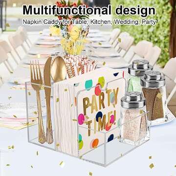 Napkin Holder with Salt and Pepper Shaker Caddy, Acrylic Napkin Holder For Table,Versatile Use For Home Dining,Hosting,Wedding Reception,Party,Patio,Deck,Restaurant,Cafe Bar Decor, Easy To Clean,Clear