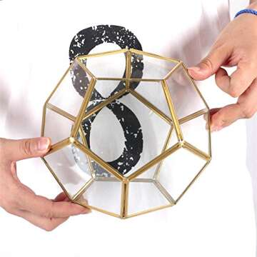 NCYP Glass Terrarium for Small Cactus, Succulents - Gold Geometric Planter Pot, Home Office Tabletop Miniature Garden Decor, 6.89 x 6.89 x 5.9 Inches, Handmade (No Plants, No Door)