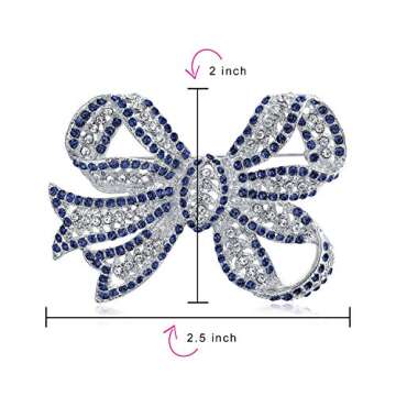 Bling Jewelry Winter Large Wedding Holiday Royal Blue White Glittering Crystal Pave Bridal Fashion Large Statement Filigree Ribbon Bow Scarf Brooch Pin for Women Silver Plated