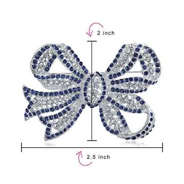 Bling Jewelry Winter Large Wedding Holiday Royal Blue White Glittering Crystal Pave Bridal Fashion Large Statement Filigree Ribbon Bow Scarf Brooch Pin for Women Silver Plated