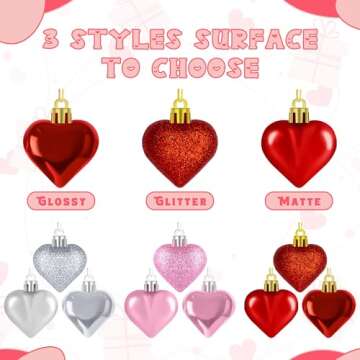 36PCS Valentines Day Heart Ornaments, 2 Sizes Heart Shaped Hanging Ornaments in Red Pink Silver Colors, Glossy Heart Baubles for Valentines Day Decor, Love Heart Decorations for Wedding Party