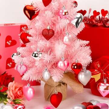 36PCS Valentines Day Heart Ornaments, 2 Sizes Heart Shaped Hanging Ornaments in Red Pink Silver Colors, Glossy Heart Baubles for Valentines Day Decor, Love Heart Decorations for Wedding Party