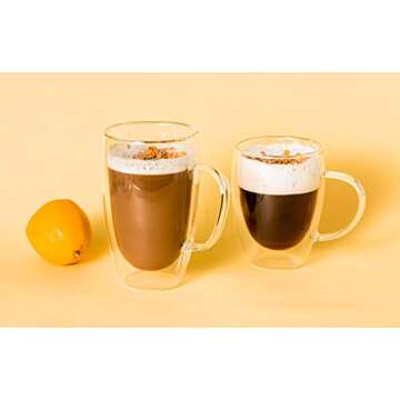 MEWAY 12oz/4 pack Coffee Mugs,Clear Glass Double Wall Cup with handle for Coffee, Tea, Latte, Cappuccino (12 oz，4)