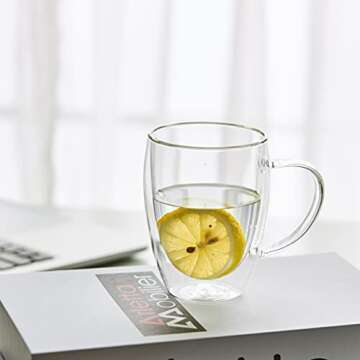 MEWAY 12oz/4 pack Coffee Mugs,Clear Glass Double Wall Cup with handle for Coffee, Tea, Latte, Cappuccino (12 oz，4)