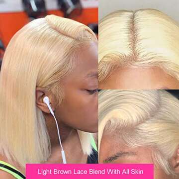 Bob Wig Human Hair Glueless, 13x4 HD Transparent Human Hair Glueless Lace Front Wigs Pre Plucked for Black Women Bleached Knots Blonde #613 Bob Blunt Cut Wigs 10inch