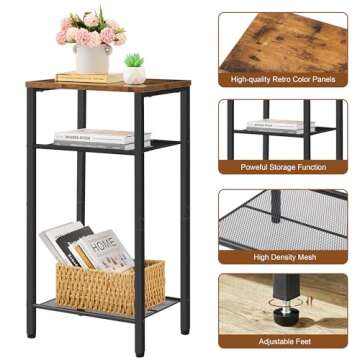 Hoctieon 3 Tier End Table, Telephone Table, Narrow Side Table with Storage, Nightstand for Small Spaces, Metal Frame, For Living Room, Bedroom, Sofa Couch, Hall, Easy Assembly, Rustic Brown