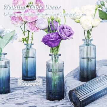 Navy Blue Glass Bud Vases Set of 12, Mini Ribbed Flower Vases for Centerpieces, Small Glass Vases in Bulk for Wedding Decorations, Vintage Vases for Table, Recepetion, Housewarming Gift, Home Décor