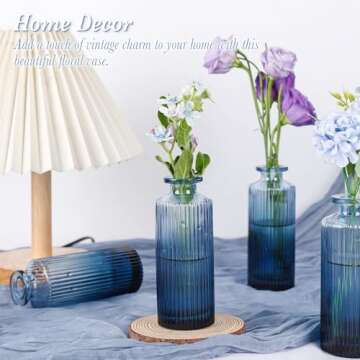 Navy Blue Glass Bud Vases Set of 12, Mini Ribbed Flower Vases for Centerpieces, Small Glass Vases in Bulk for Wedding Decorations, Vintage Vases for Table, Recepetion, Housewarming Gift, Home Décor
