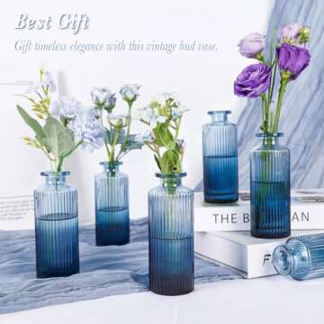 Navy Blue Glass Bud Vases Set of 12, Mini Ribbed Flower Vases for Centerpieces, Small Glass Vases in Bulk for Wedding Decorations, Vintage Vases for Table, Recepetion, Housewarming Gift, Home Décor
