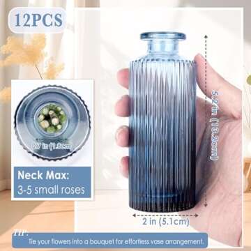 Navy Blue Glass Bud Vases Set of 12, Mini Ribbed Flower Vases for Centerpieces, Small Glass Vases in Bulk for Wedding Decorations, Vintage Vases for Table, Recepetion, Housewarming Gift, Home Décor