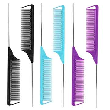 Metal Rat Tail Combs Set for Women & Men: 6Pcs Steel Pin Combs for Hair Parting, Braiding, and Styli...