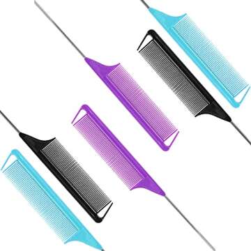 Metal Rat Tail Combs Set for Women & Men: 6Pcs Steel Pin Combs for Hair Parting, Braiding, and Styling - Professional Hairstyling Tools (Purple | Black | Blue)