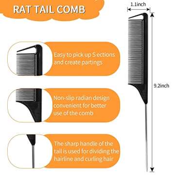 Metal Rat Tail Combs Set for Women & Men: 6Pcs Steel Pin Combs for Hair Parting, Braiding, and Styling - Professional Hairstyling Tools (Purple | Black | Blue)