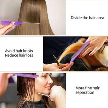 Metal Rat Tail Combs Set for Women & Men: 6Pcs Steel Pin Combs for Hair Parting, Braiding, and Styling - Professional Hairstyling Tools (Purple | Black | Blue)