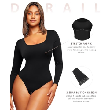 FeelinGirl Shapewear Bodysuit for Women Tummy Control Long Sleeve Women Body Shaper Compression Bodysuit Black L