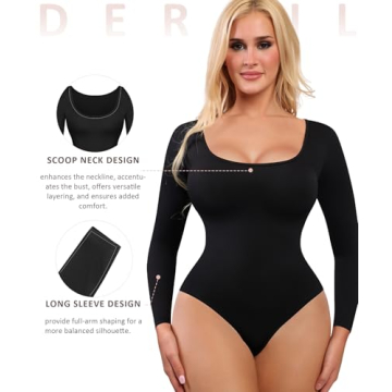 FeelinGirl Shapewear Bodysuit for Women Tummy Control Long Sleeve Women Body Shaper Compression Bodysuit Black L