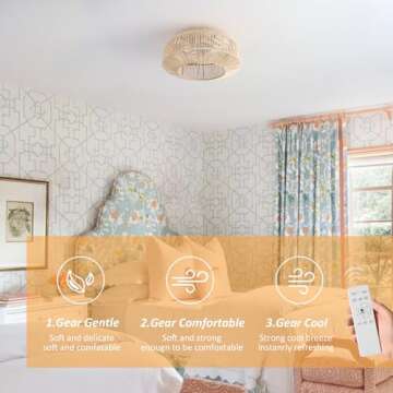 zheshirui 20" Boho Caged Ceiling Fan with Lights Flush Mount, Low Profile Rattan Ceiling Fans with L...