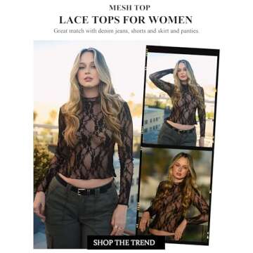 Avidlove Women's Mesh Top Long Sleeve Mock Neck Sheer Blouse See Through Floral Lace Tops Black Medi...