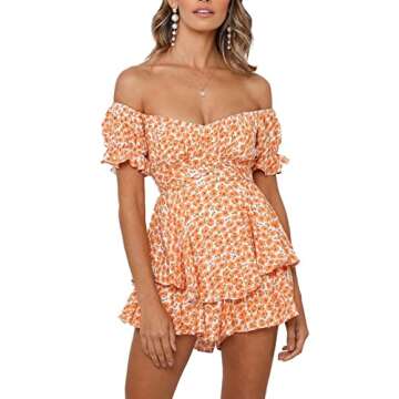 Fixmatti Womens Summer Floral Print Off Shoulder Short Romper Jumpsuit Playsuit Orange M