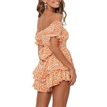 Fixmatti Womens Summer Floral Print Off Shoulder Short Romper Jumpsuit Playsuit Orange M